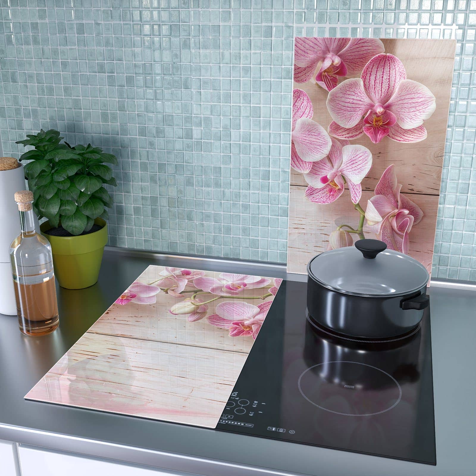 2-teilige Abdeckplatten für den Herd mit Orchideen_tabletop-Motiv als Spritzschutz hinter dem Kochfeld