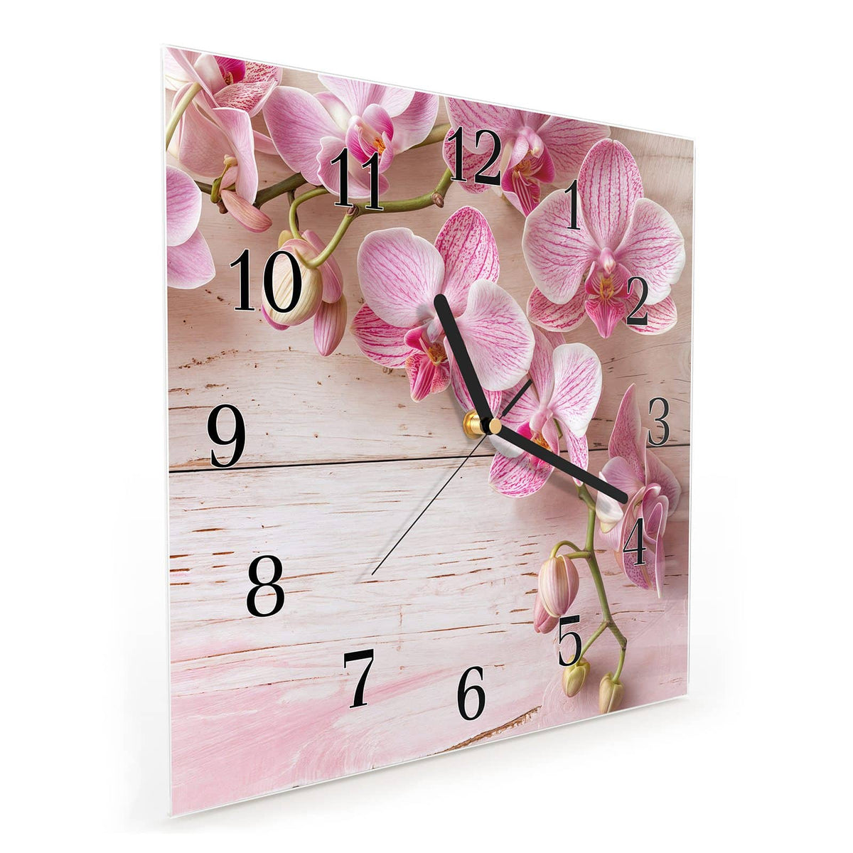 Quadratische Wanduhr aus Glas Orchideen auf Rosa schräg von der Seite, 4 mm starkes Glas