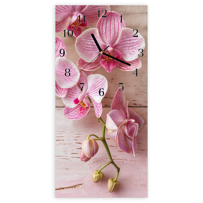 Wanduhr Orchideen_tabletop aus Glas – Hochformat 30 × 60 cm mit Ziffernblatt Klassisch