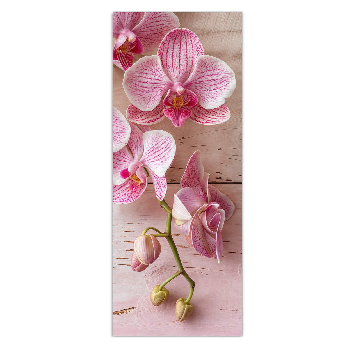 Wandbild - Orchideen auf Rosa - Hochformat – Rosa Orchideen auf hellem Holz