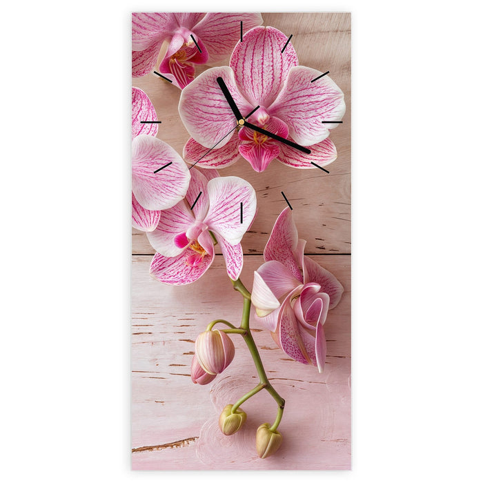 Wanduhr Orchideen_tabletop aus Glas – Hochformat 30 × 60 cm mit Ziffernblatt Linie