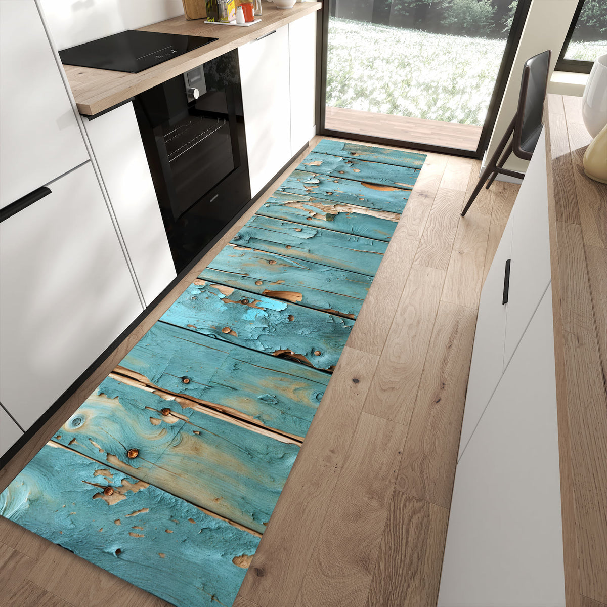 Fleckenresistenter Bodenläufer mit Motiv Abblätternde Holzplanken in moderner Küche