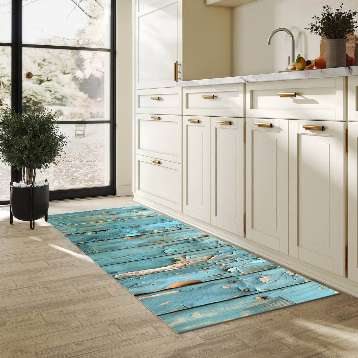 Abriebfester großer Küchenteppich mit Motiv Abblätternde Holzplanken in heller Küche