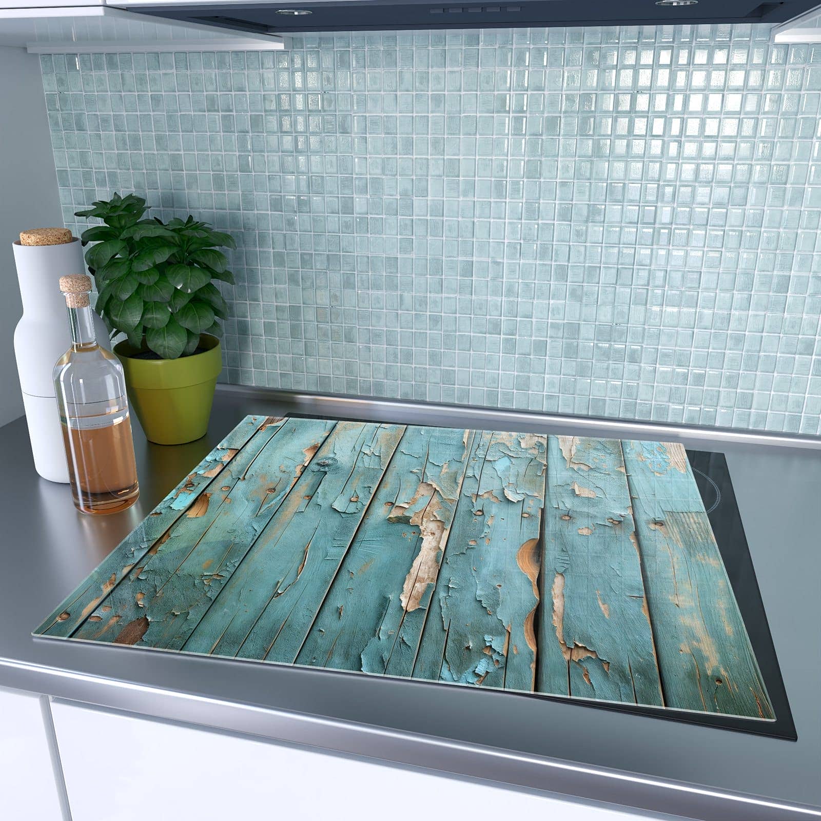 1-teilige Herdabdeckplatte aus Glas mit Abblätternde Holzplanken-Motiv auf dem Ceranfeld