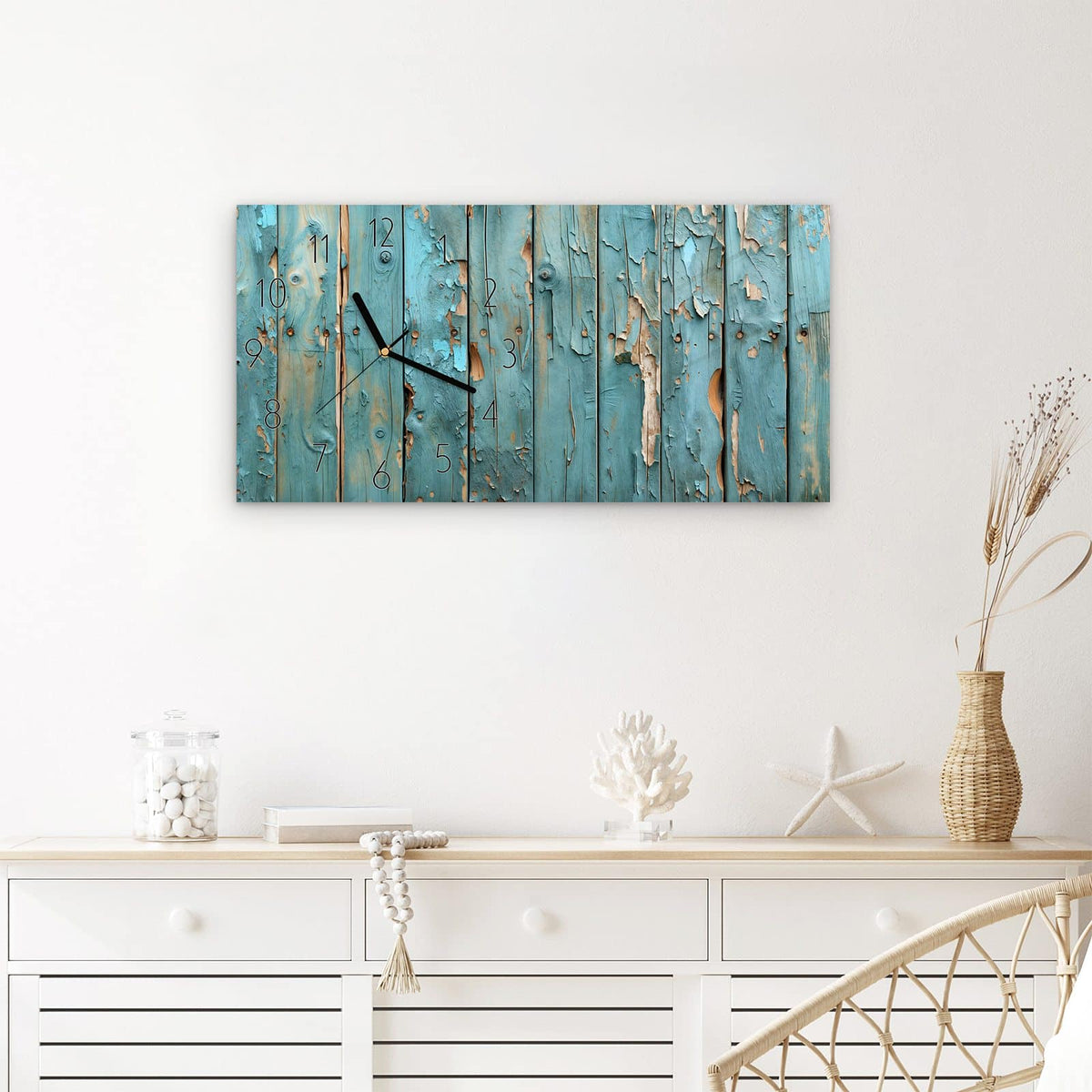 Wanduhr Abblätternde Holzplanken aus Glas – Querformat 60 × 30 cm – Abblätternde blaue Farbe auf Holz