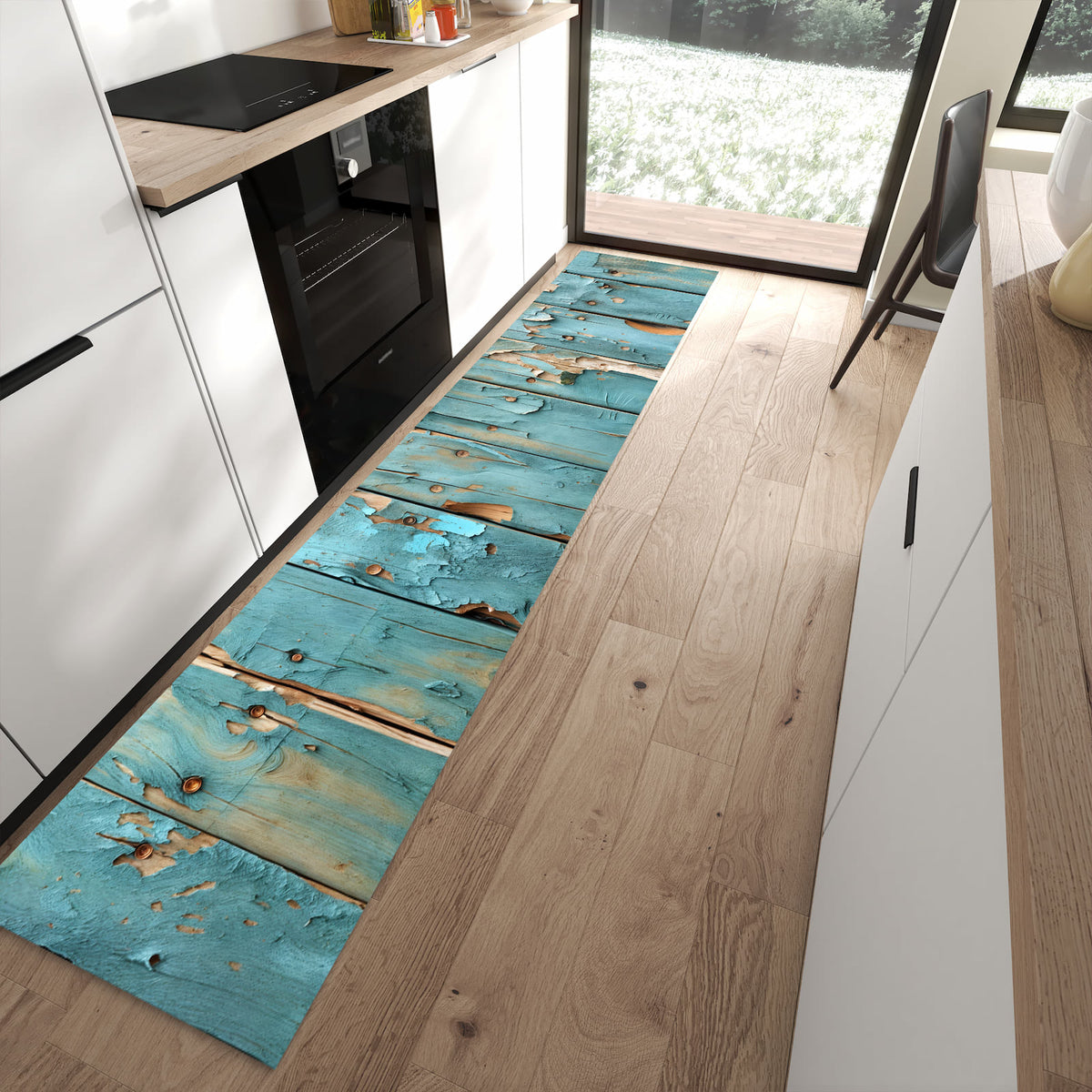 Geräuschdämpfender dünner Küchenteppich mit Motiv Abblätternde Holzplanken in moderner Küche