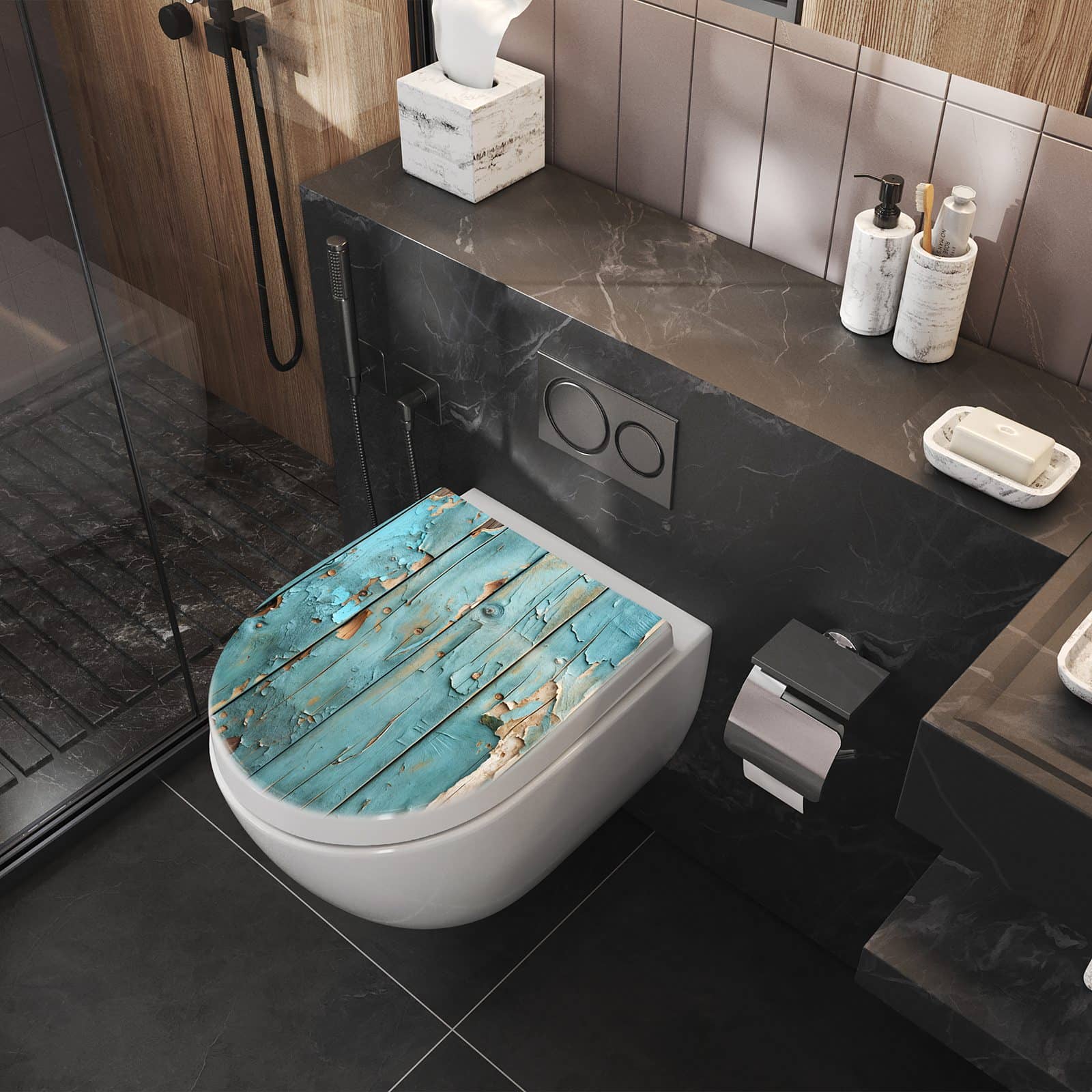 WC-Sitz mit Absenkautomatik Abblätternde Holzplanken