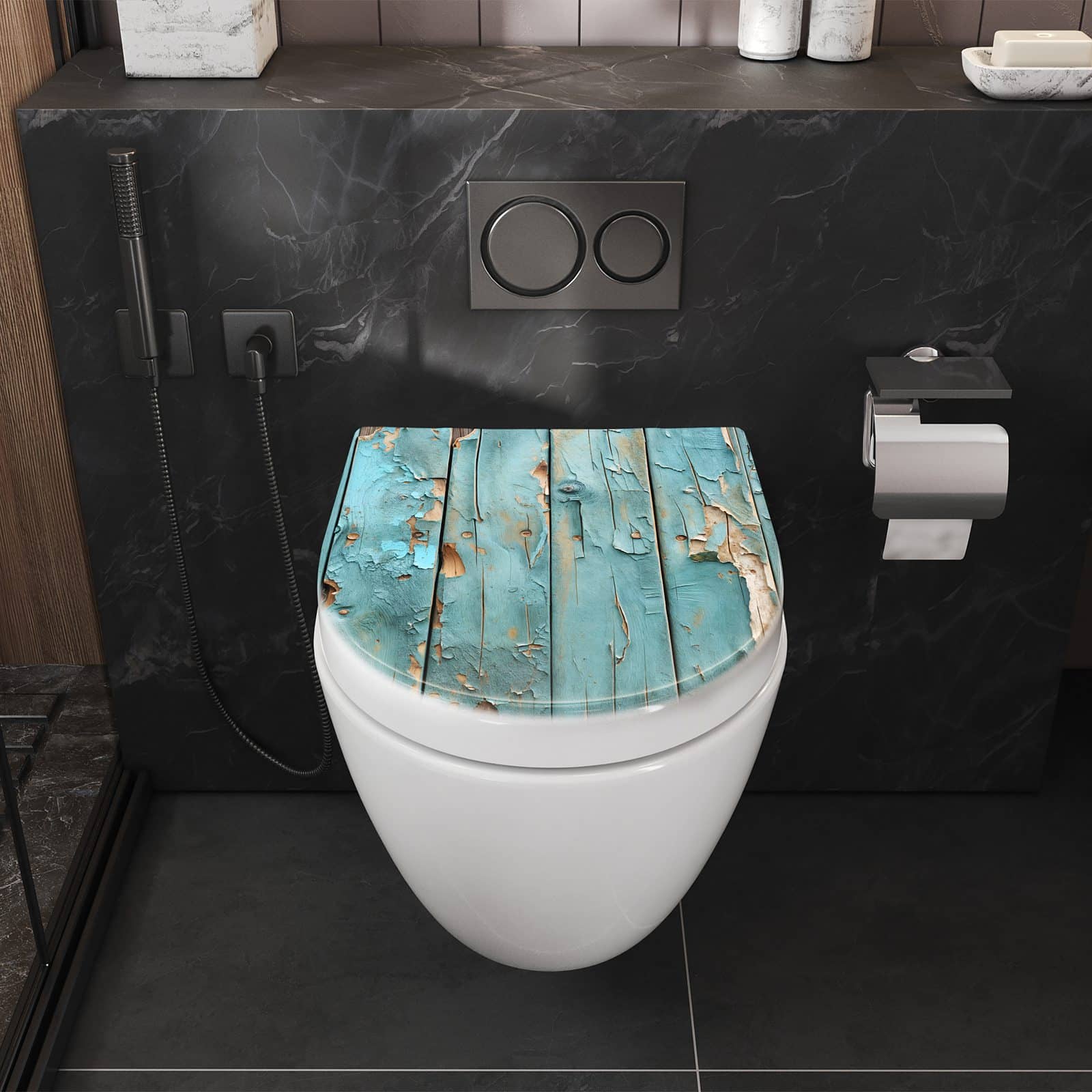 WC-Sitz mit Absenkautomatik Abblätternde Holzplanken