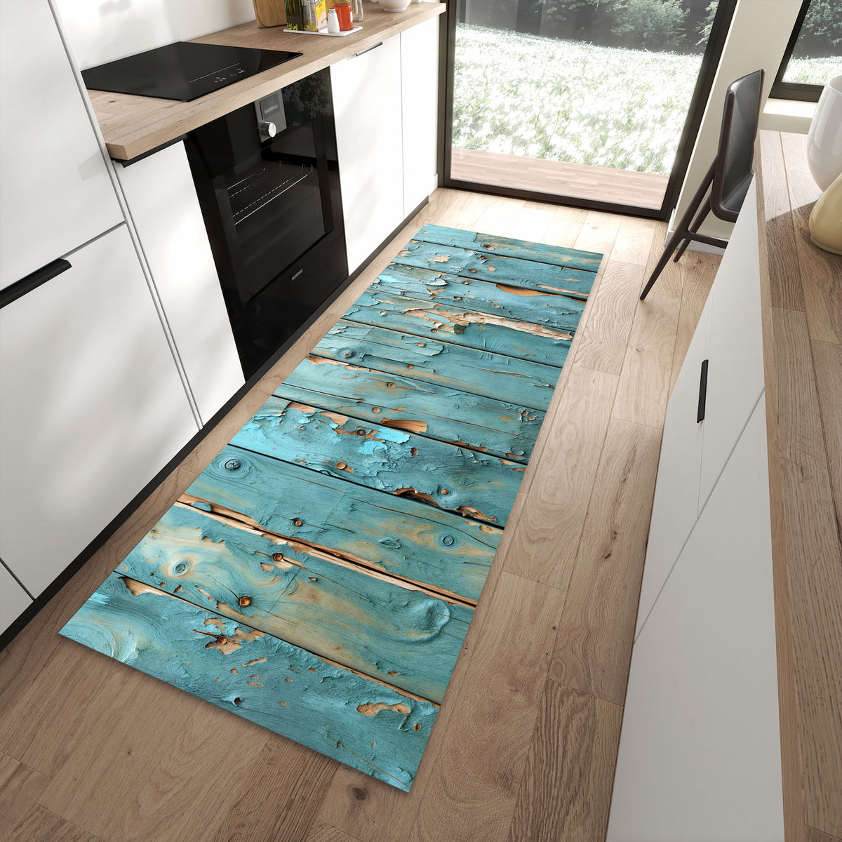 Geruchsneutraler waschbarer Küchenteppich mit Motiv Abblätternde Holzplanken in moderner Küche