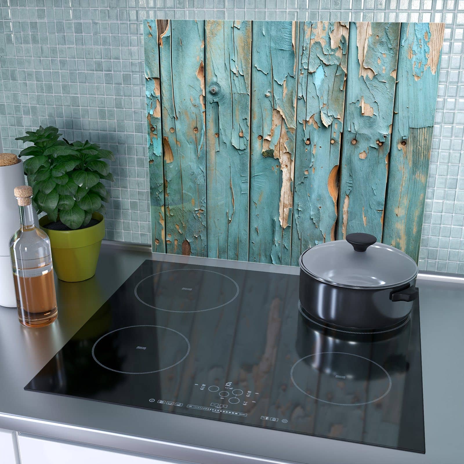 1-teilige Ceranfeld Abdeckplatten mit Abblätternde Holzplanken-Motiv als Spritzschutz hinter dem Kochfeld