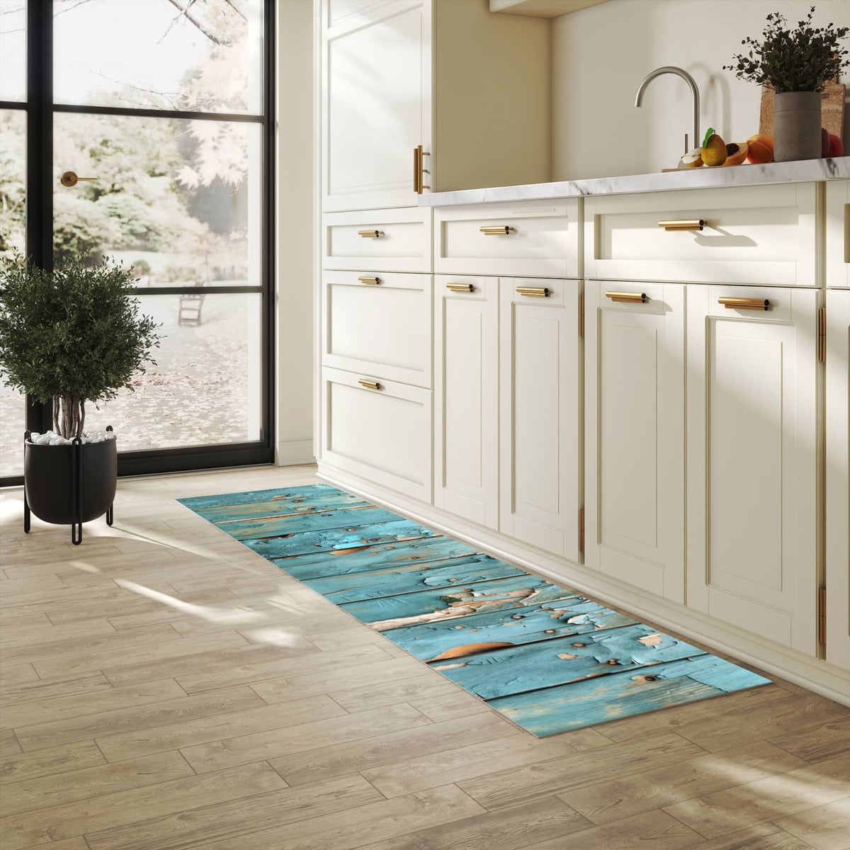 Feuchtigkeitsresistenter Bodenläufer mit Motiv Abblätternde Holzplanken in heller Küche