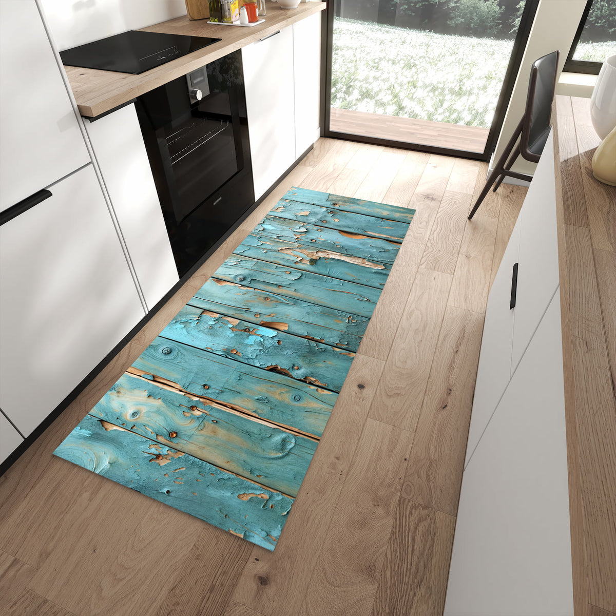 UV-beständiger waschbarer Teppich für Esstisch mit Motiv Abblätternde Holzplanken in moderner Küche