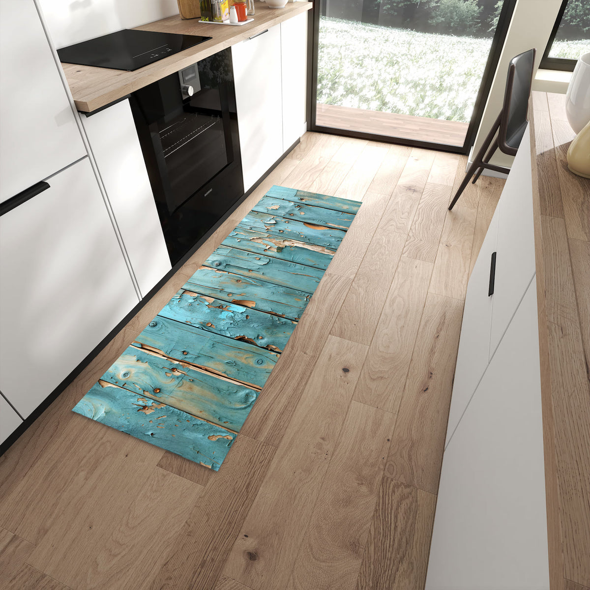 Formstabiler Läufer mit Motiv Abblätternde Holzplanken in moderner Küche für rutschfesten Stand