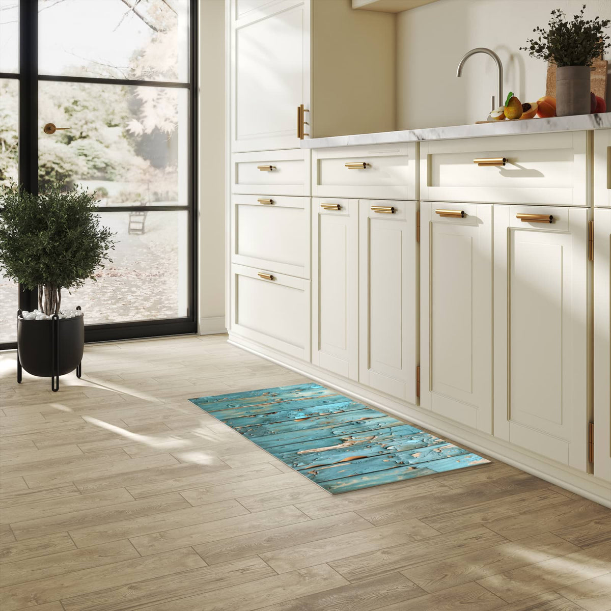 Waschbarer Teppich fürs Esszimmer mit Motiv Abblätternde Holzplanken in heller Küche