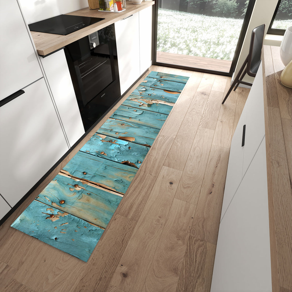 Rutschfester dünner Teppich mit Motiv Abblätternde Holzplanken spart Zeit in moderner Küche