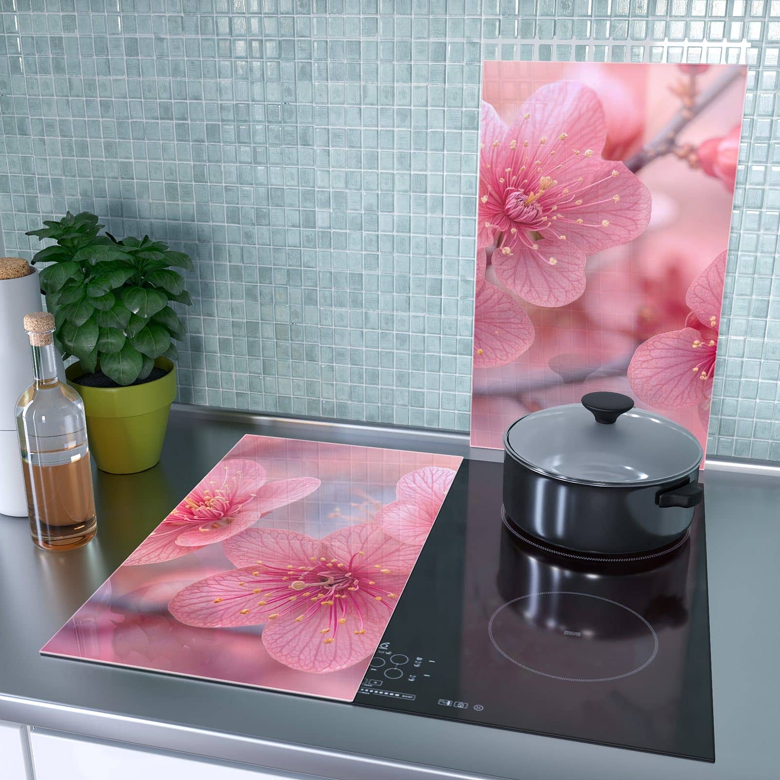 2-teilige Abdeckplatten mit Blütenzauber-Motiv als Spritzschutz hinter dem Kochfeld