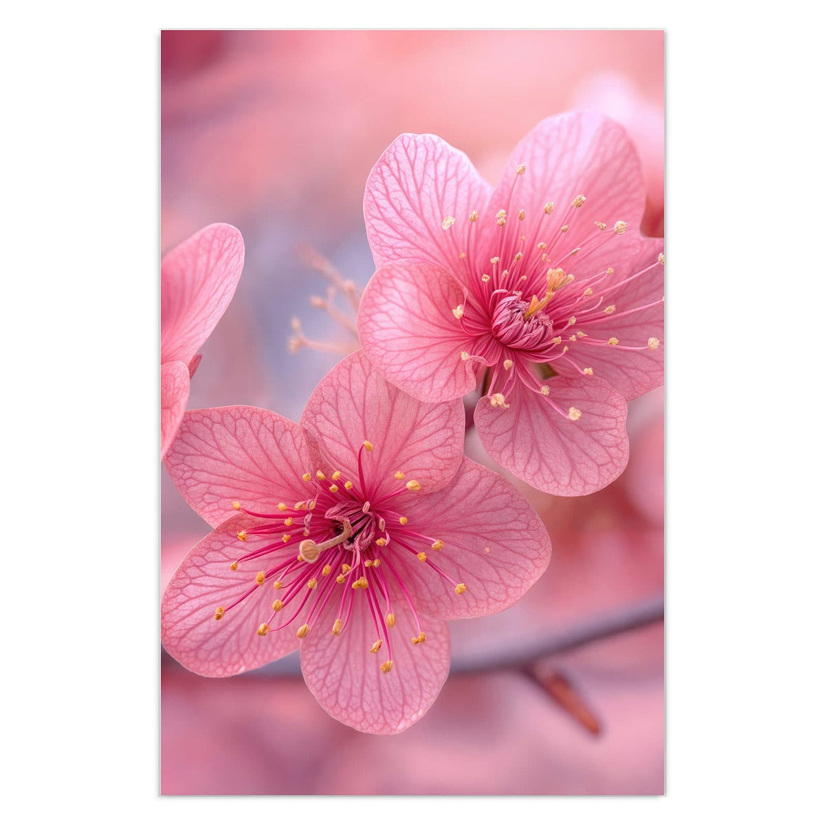 Drei kräftig pinke Blüten mit gelben Staubgefäßen in Nahaufnahme, rosa Bokeh dahinter
