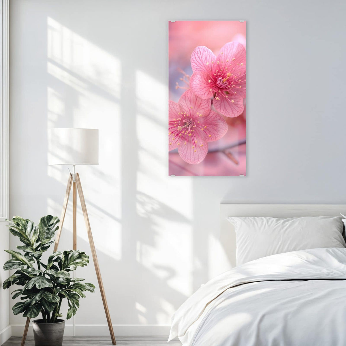 Glasbild Drei Blüten in Pink an der Wand – Drei kräftig pinke Blüten mit gelben Staubgefäßen in Nahaufnahme, rosa Bokeh dahinter