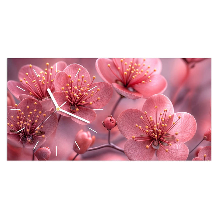 Wanduhr Kirschbaumblüten aus Glas – Querformat 60 × 30 cm mit Ziffernblatt Linie