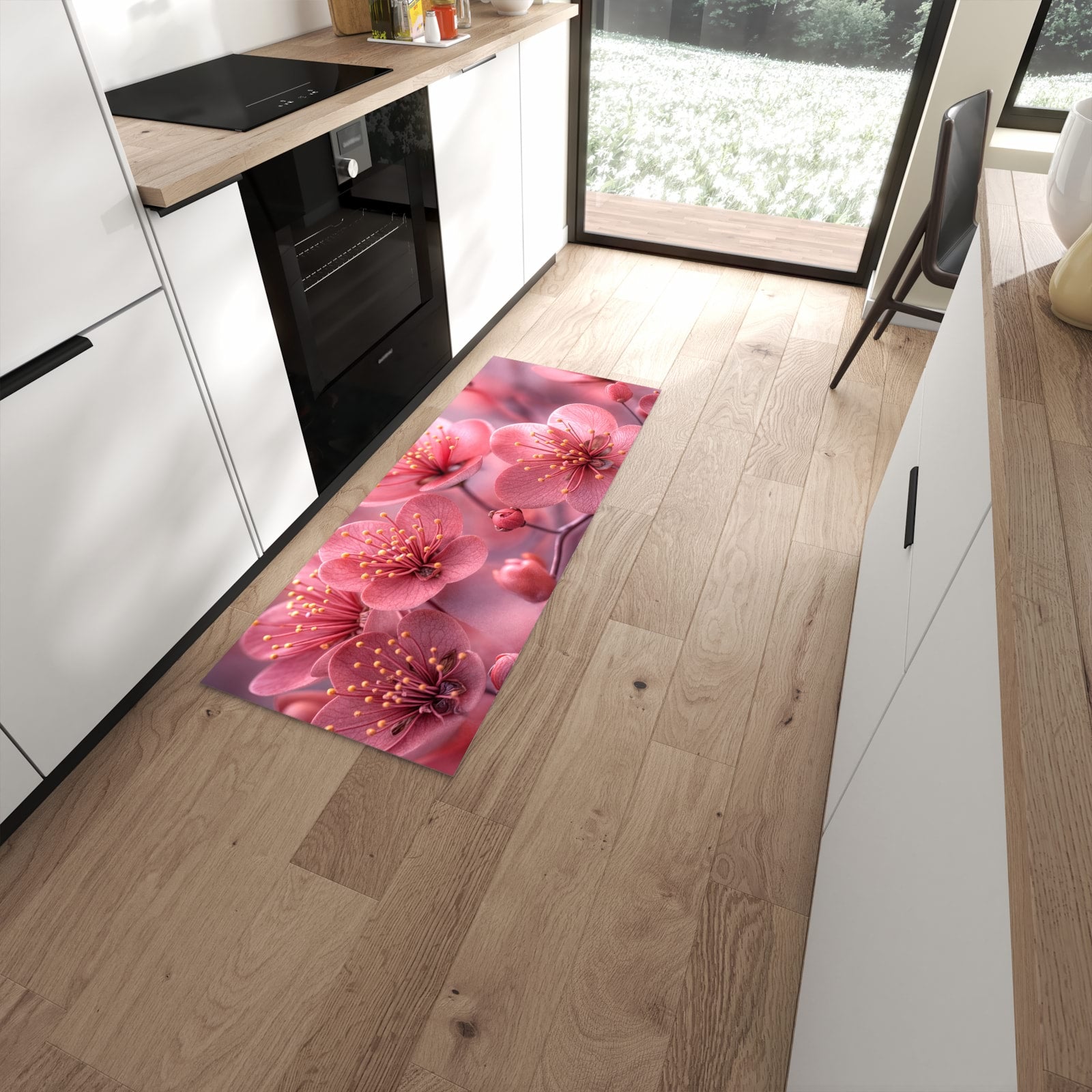 Bodenschonender rutschfester Läufer mit Motiv Kirschbaumblüten in moderner Küche #grösse_60 x 150 cm