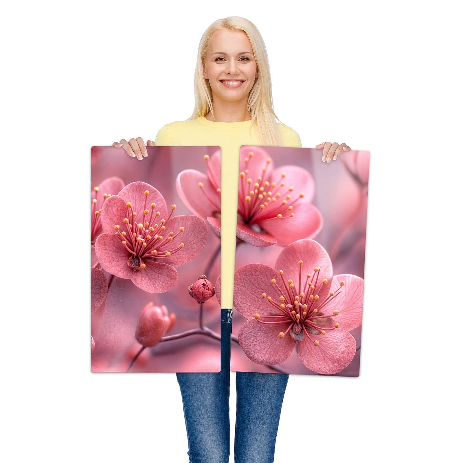 2-teilige Herdabdeckplatte mit Kirschbaumblüten-Motiv wird zur Größendarstellung gehalten