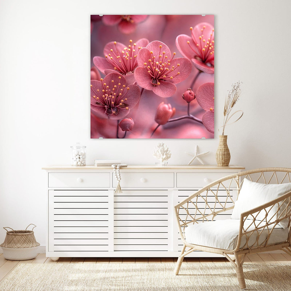 Glasbild Kirschbaumblüten an der Wand – Altrosa Blüten mit gelben Staubgefäßen, komplett in Rosa gehalten