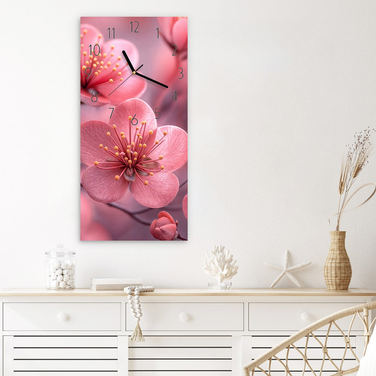 Wanduhr Kirschbaumblüten aus Glas – Hochformat 30 × 60 cm – Zartrosa Kirschblüten mit Staubgefäßen