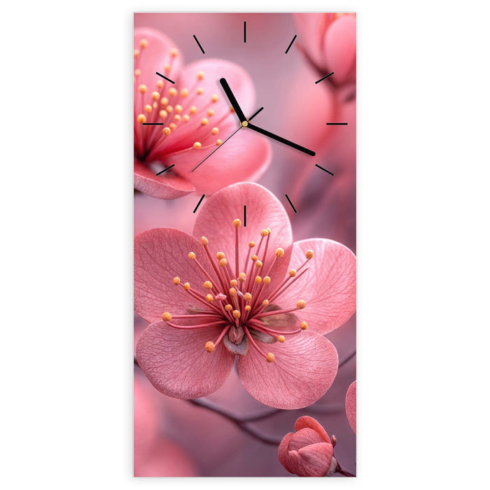 Wanduhr Kirschbaumblüten aus Glas – Hochformat 30 × 60 cm mit Ziffernblatt Linie