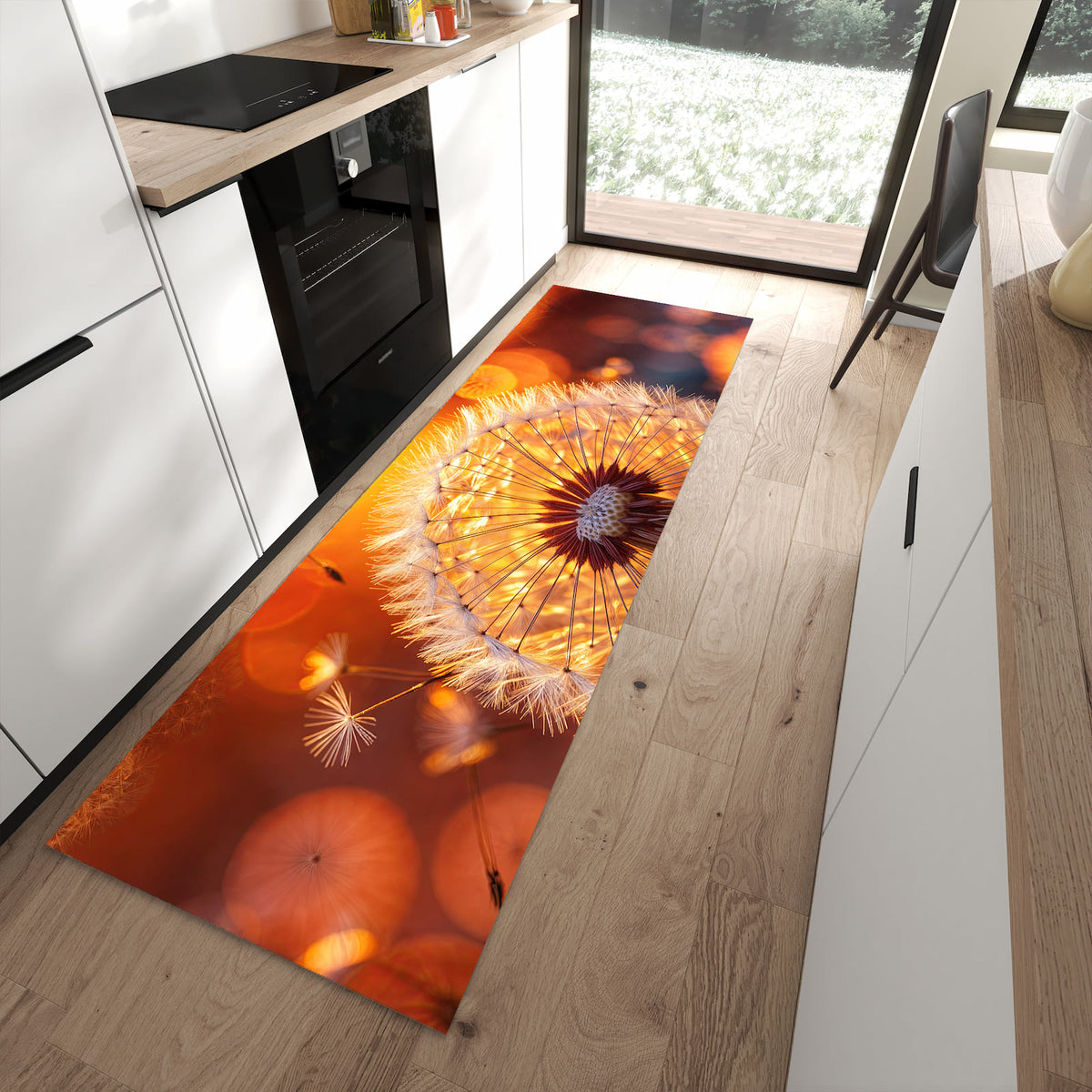 Fleckenresistenter Küchenteppich mit Motiv Leuchtender Loewenzahn in moderner Küche