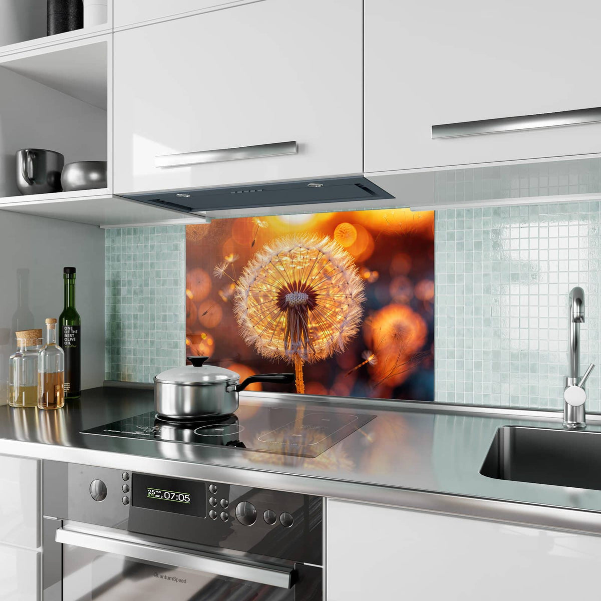 Küchenrückwand aus Glas Pusteblume vor Sonne im Hochformat als Spritzschutz hinter dem Kochfeld, über dem Fliesenspiegel montiert