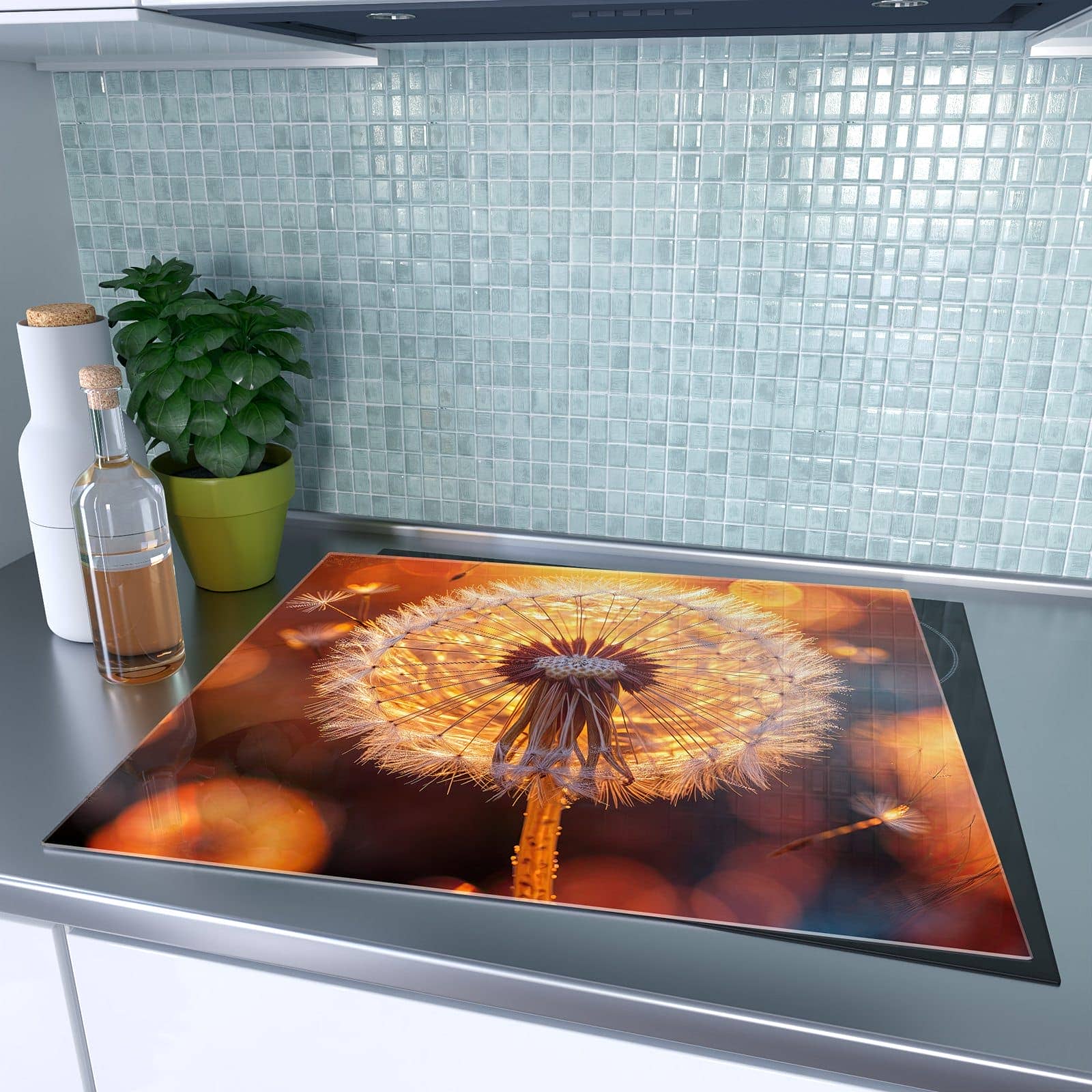1-teilige Herdabdeckplatten mit Leuchtender Loewenzahn-Motiv auf dem Ceranfeld