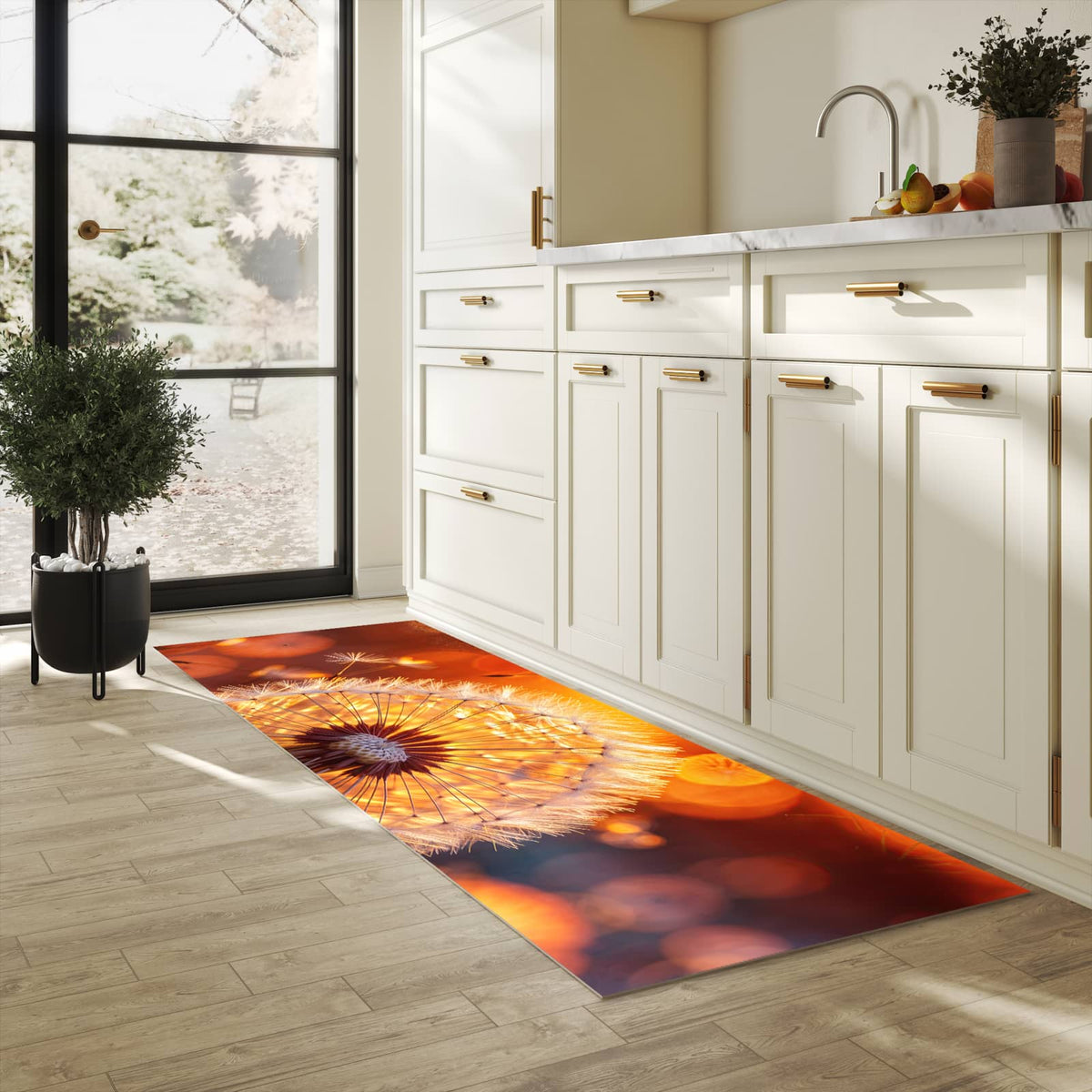 Langlebiger Küchenteppich mit Motiv Leuchtender Loewenzahn in heller Küche