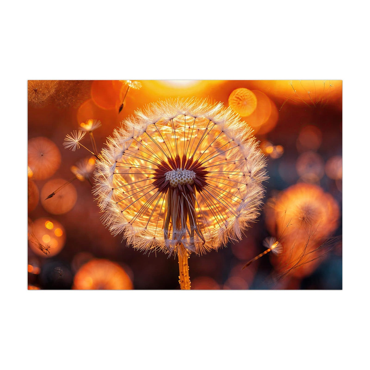 Küchenrückwand aus Glas Pusteblume vor Sonne im Hochformat, Motiv bildfüllend von vorn