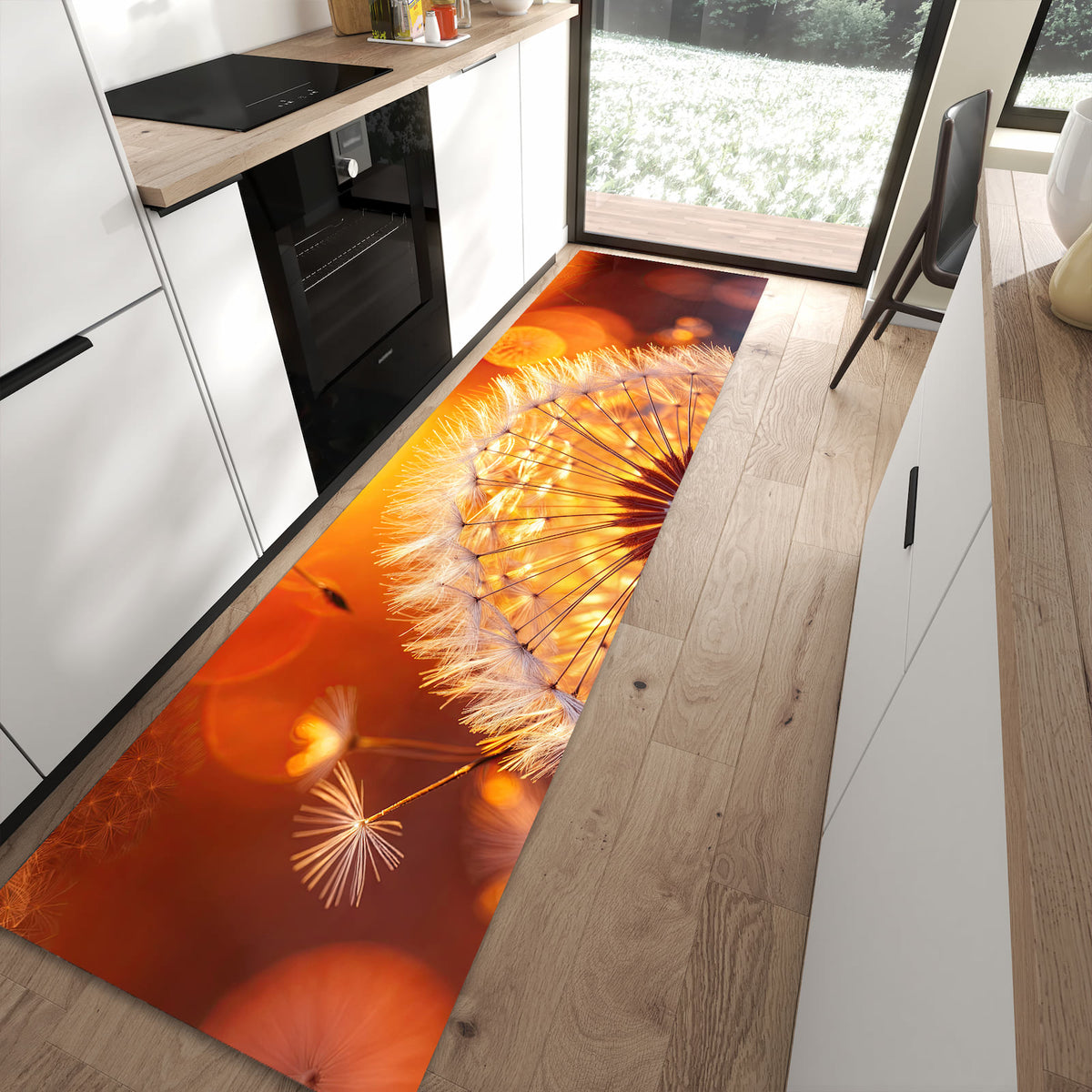 Geruchsneutraler Küchenteppich mit Motiv Leuchtender Loewenzahn in moderner Küche