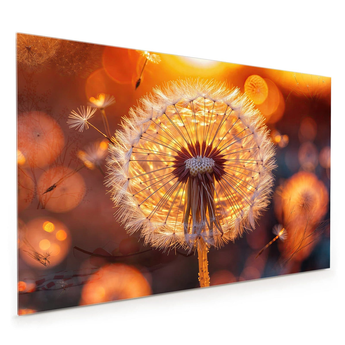Küchenrückwand aus Glas im Hochformat: Pusteblume im Gegenlicht der untergehenden Sonne, einzelne Schirmchen fliegen