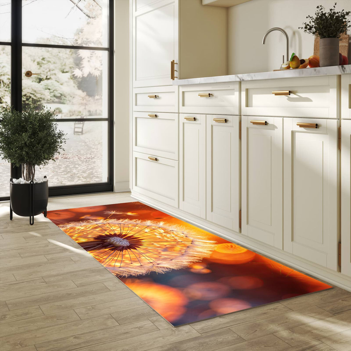Küchenteppich mit Motiv Leuchtender Loewenzahn für Trittkomfort in heller Küche