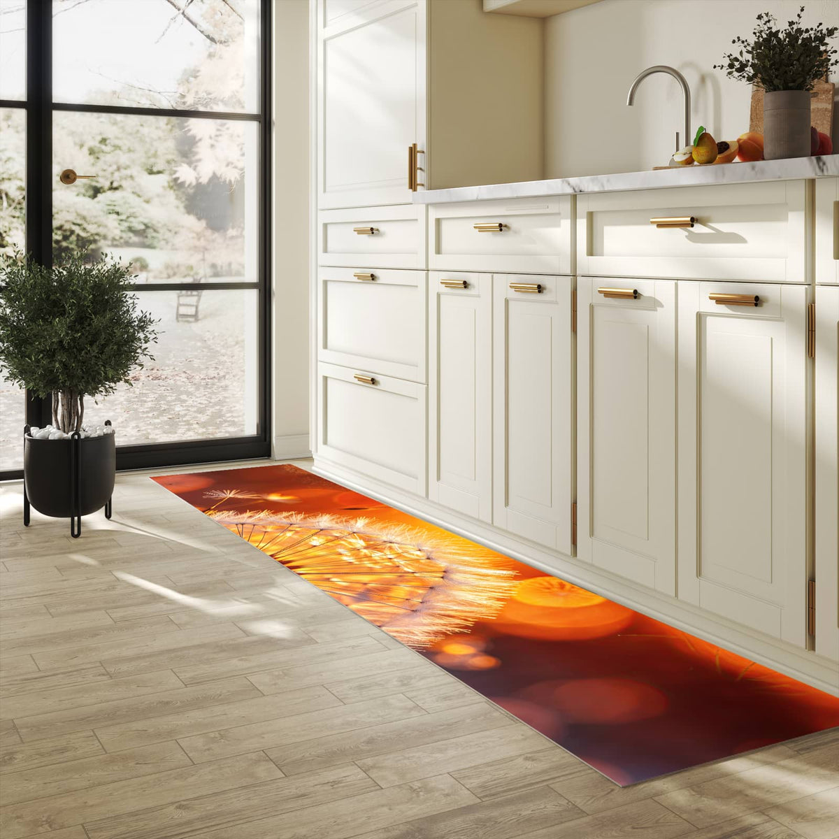 Hygienischer Küchenteppich mit Motiv Leuchtender Loewenzahn in heller Küche