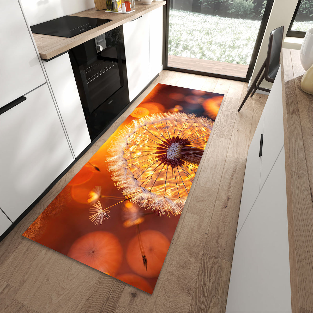 Flacher Küchenteppich mit Motiv Leuchtender Loewenzahn in moderner Küche