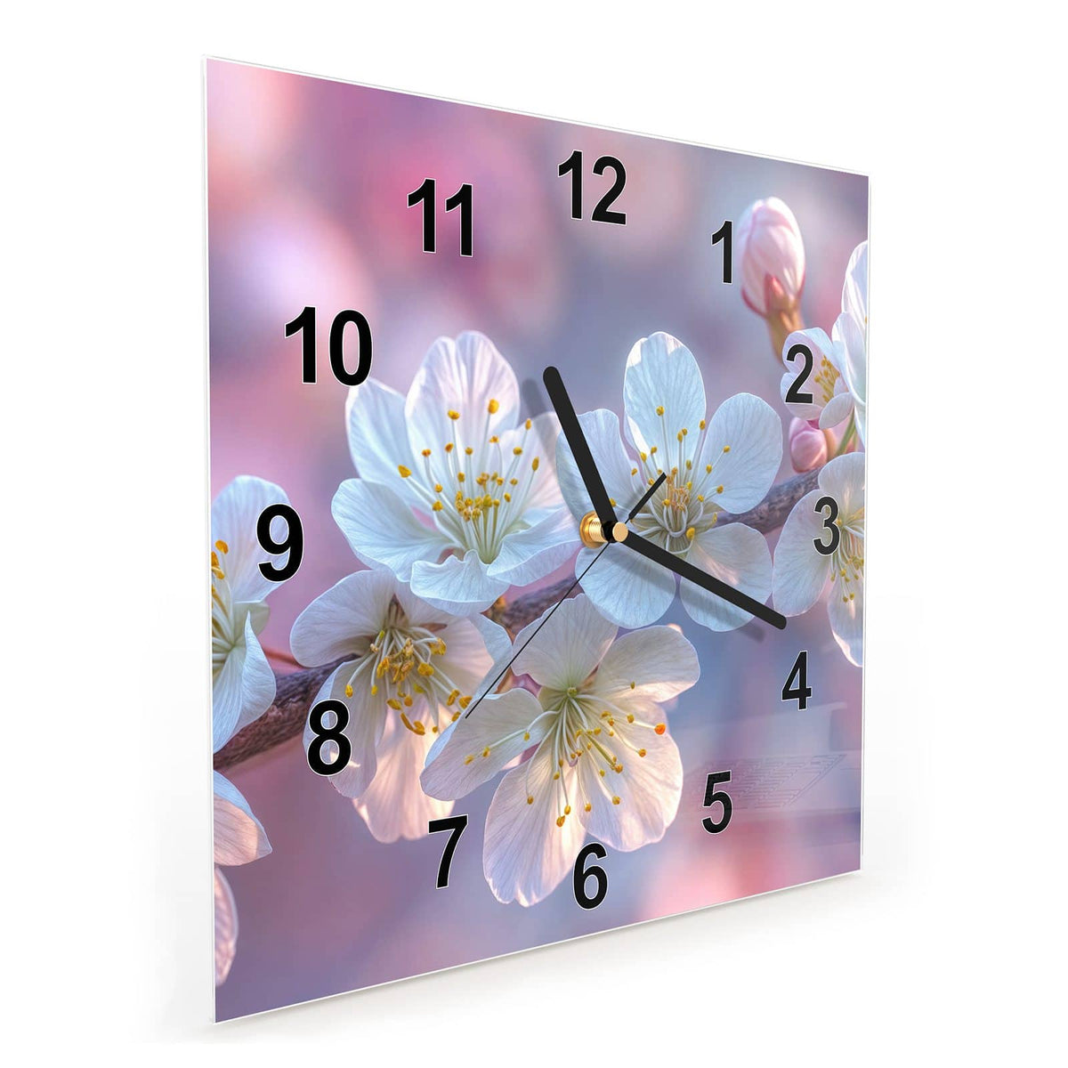 Quadratische Wanduhr aus Glas Weißer Blütenzweig schräg von der Seite, 4 mm starkes Glas
