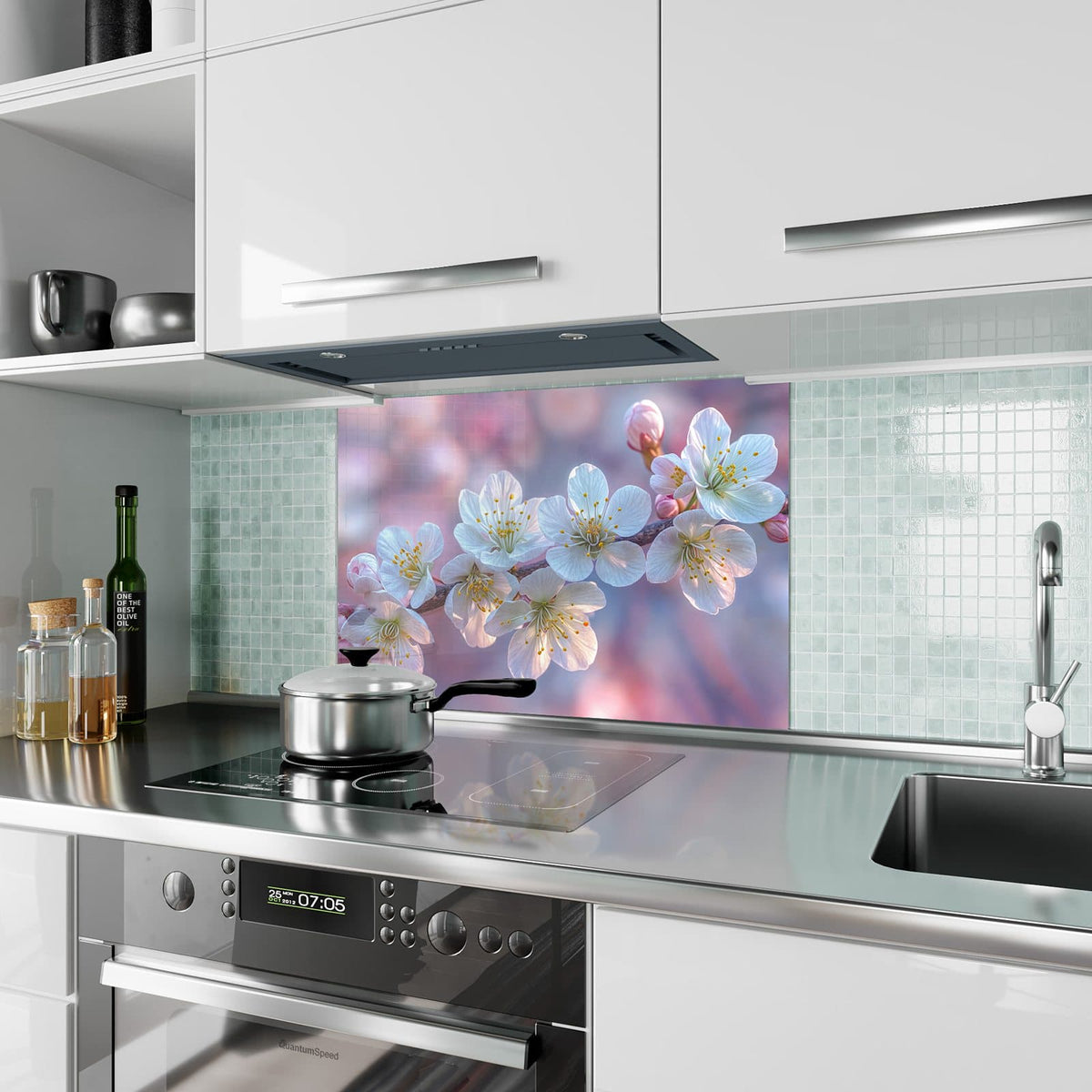 Küchenrückwand aus Glas Weißer Blütenzweig im Hochformat als Spritzschutz hinter dem Kochfeld, über dem Fliesenspiegel montiert