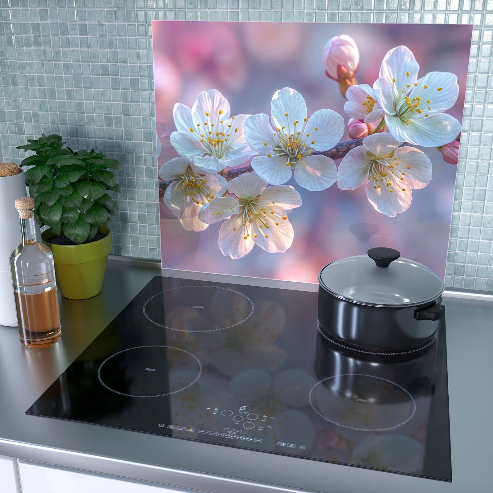 1-teilige Herdabdeckung für Induktionsfeld mit Rosa Blütenzweig-Motiv als Spritzschutz hinter dem Kochfeld