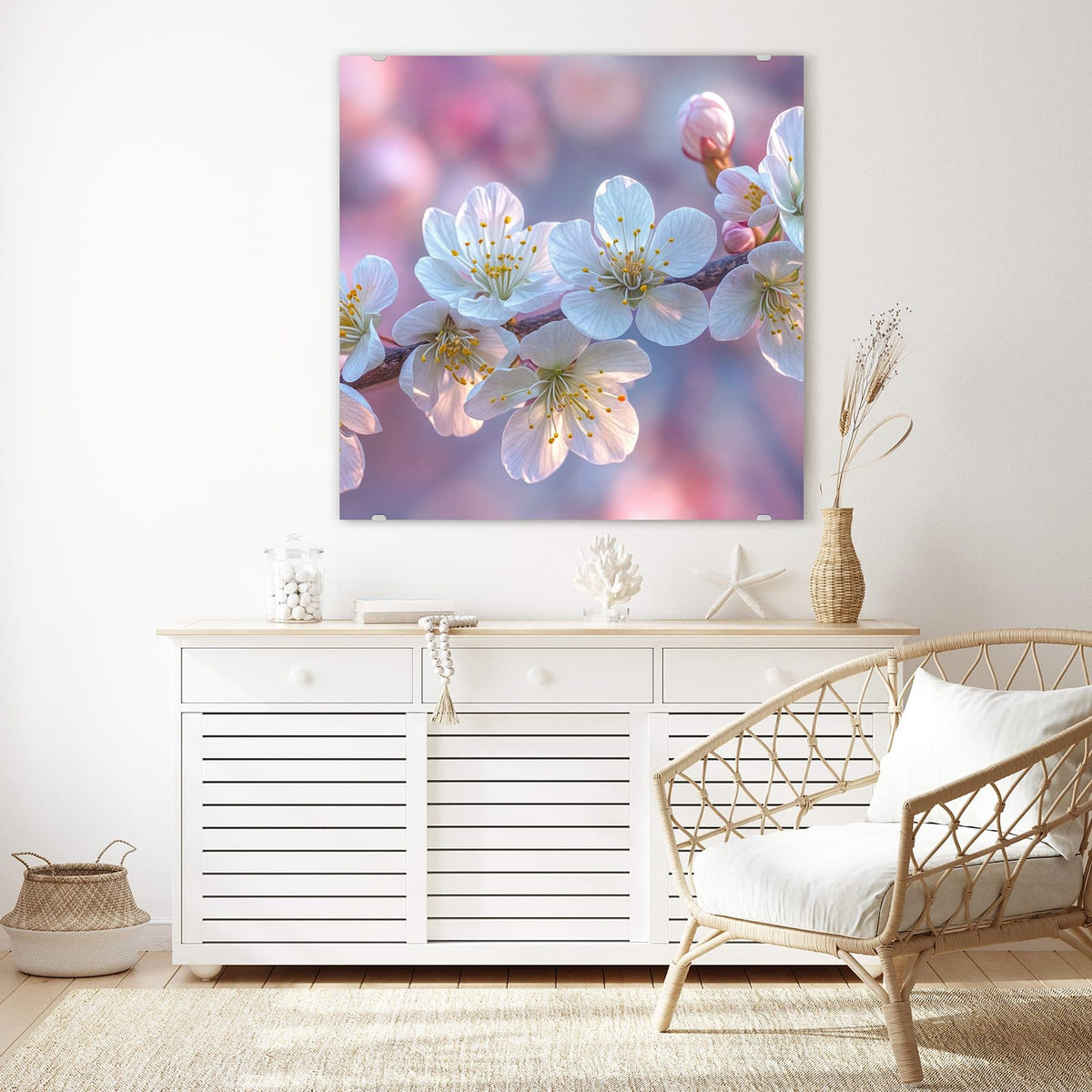 Glasbild Weißer Blütenzweig an der Wand – Weiße Kirschblüten mit gelben Staubgefäßen am Zweig vor rosa-lila Bokeh