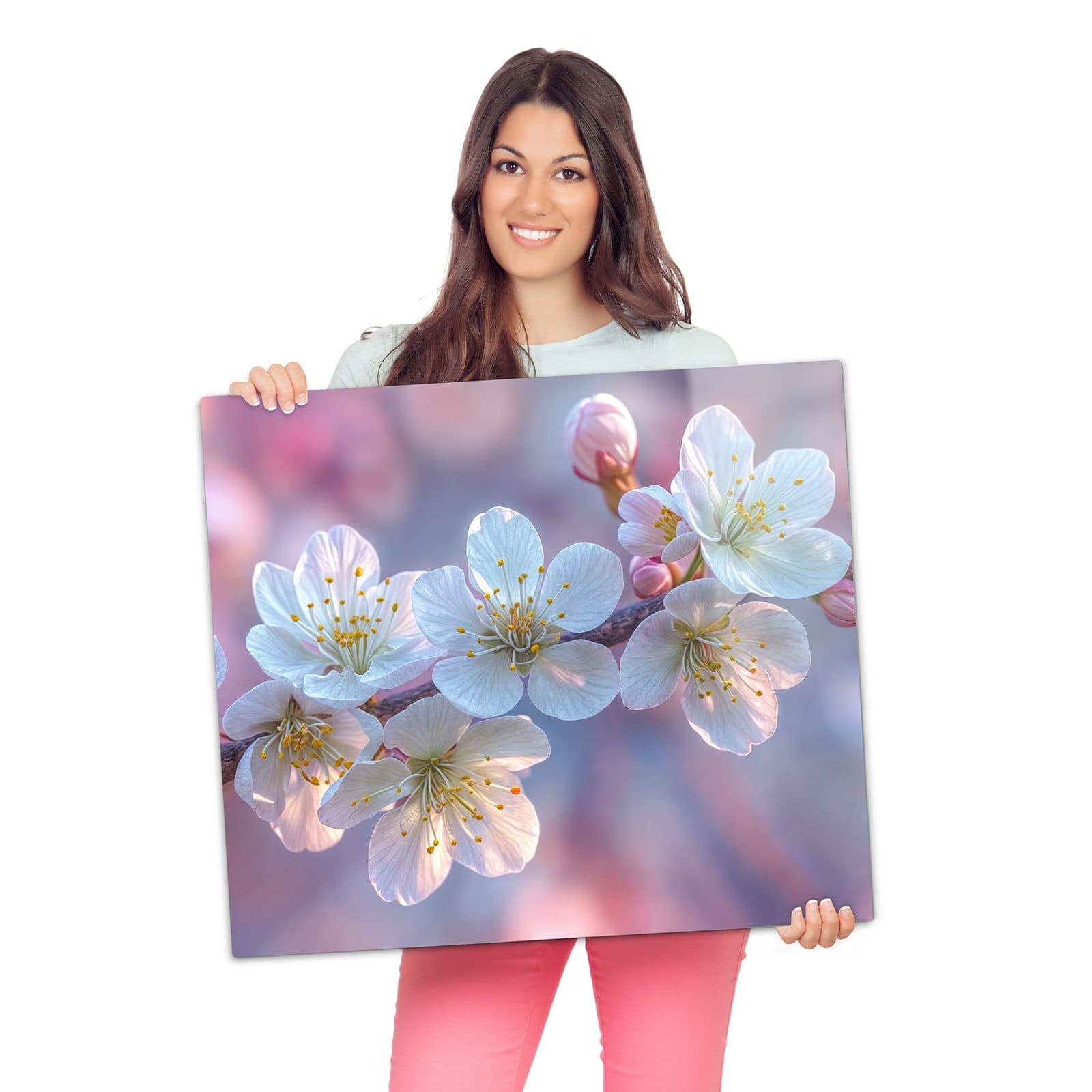 Glasabdeckplatte für Ceranfeld mit Rosa Blütenzweig-Motiv wird zur Größendarstellung gehalten