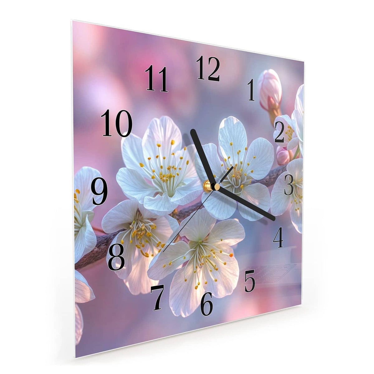 Quadratische Wanduhr aus Glas Weißer Blütenzweig schräg von der Seite, 4 mm starkes Glas