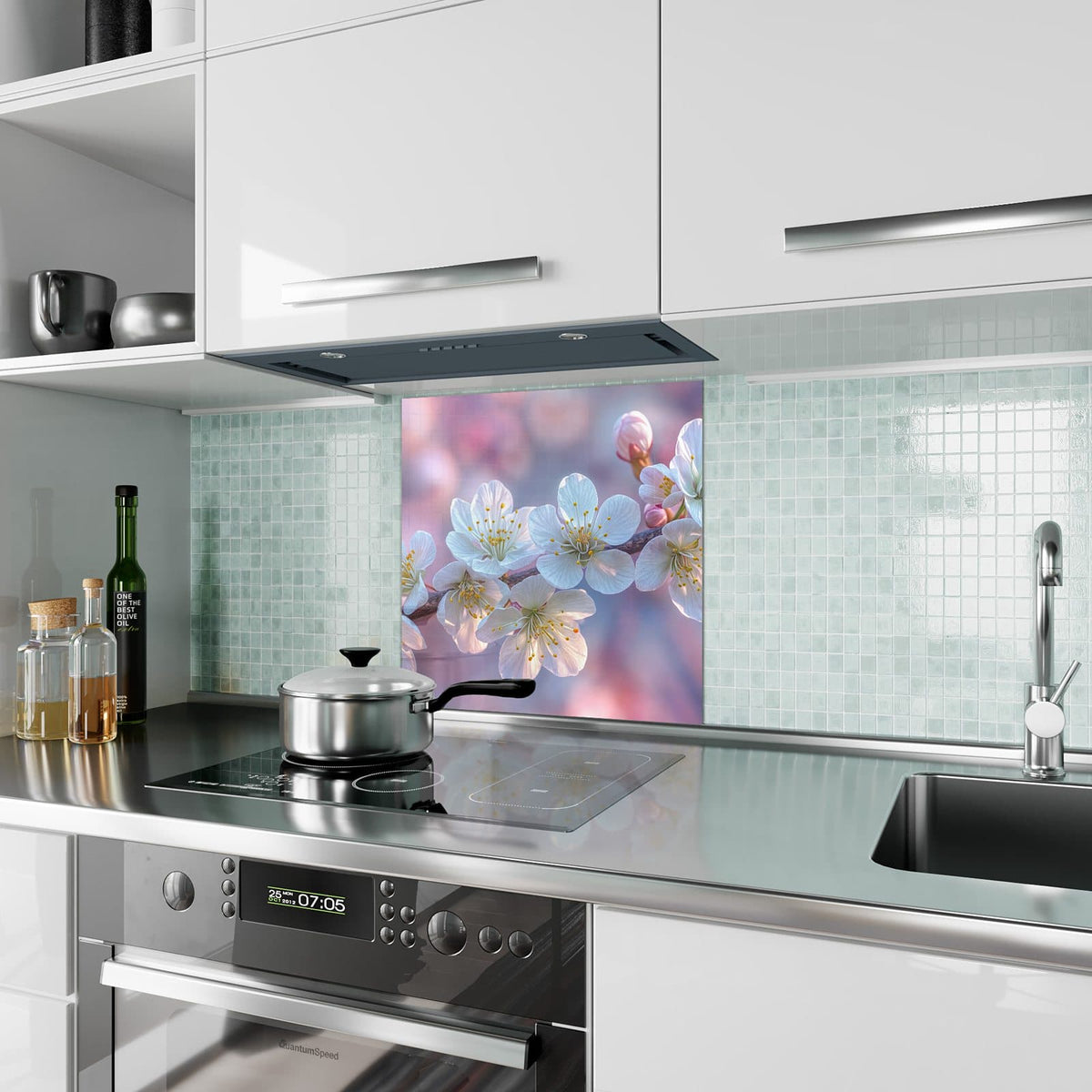 Küchenrückwand aus Glas Weißer Blütenzweig im quadratischen Format als Spritzschutz hinter dem Kochfeld, über dem Fliesenspiegel montiert