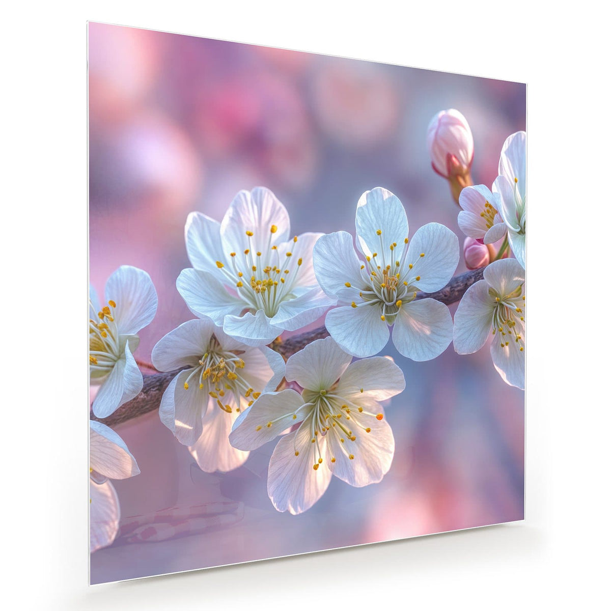 Weiße Kirschblüten mit gelben Staubgefäßen am Zweig vor rosa-lila Bokeh