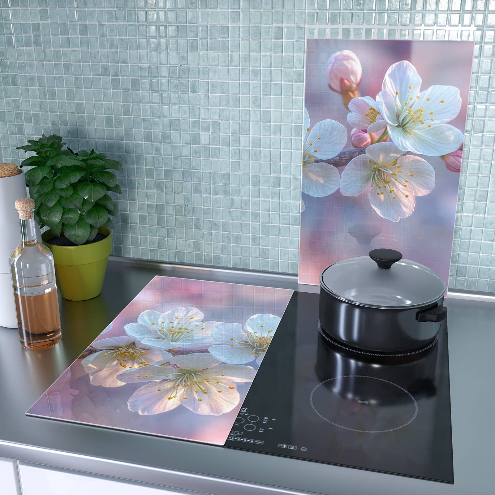 2-teilige Herdabdeckplatte mit Rosa Blütenzweig-Motiv als Spritzschutz hinter dem Kochfeld