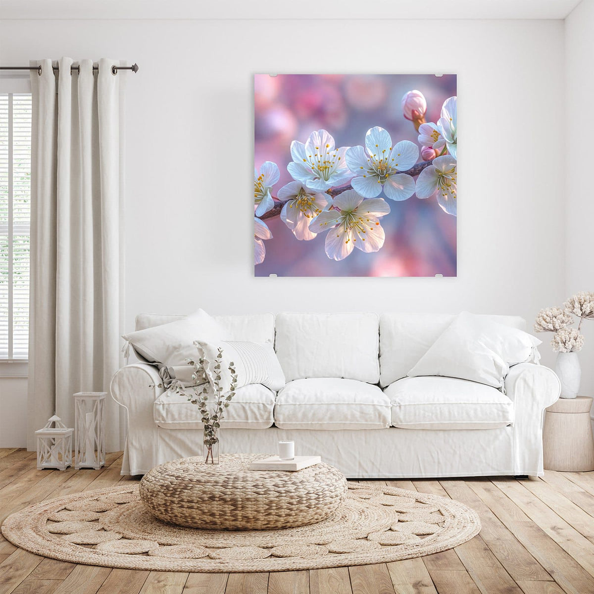 Glasbild Weißer Blütenzweig an der Wand – Weiße Kirschblüten mit gelben Staubgefäßen am Zweig vor rosa-lila Bokeh