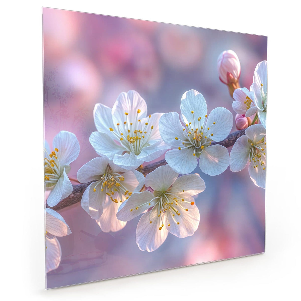 Küchenrückwand aus Glas im quadratischen Format mit Motiv Weißer Blütenzweig: Weiße Kirschblüten mit gelben Staubgefäßen am Zweig vor rosa-lila Bokeh