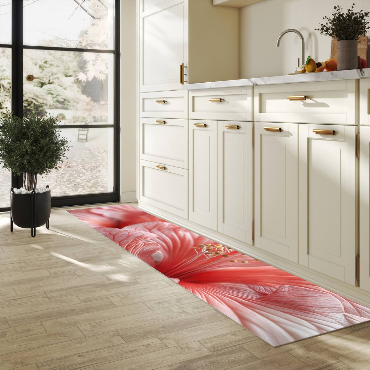 Waschbarer Küchenteppich mit Motiv Blumenzauber in heller Küche